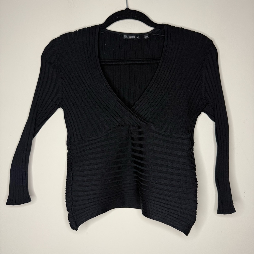SCULPTURE SILK Ribbed Black Silk Surplice Stretchy Basic Top